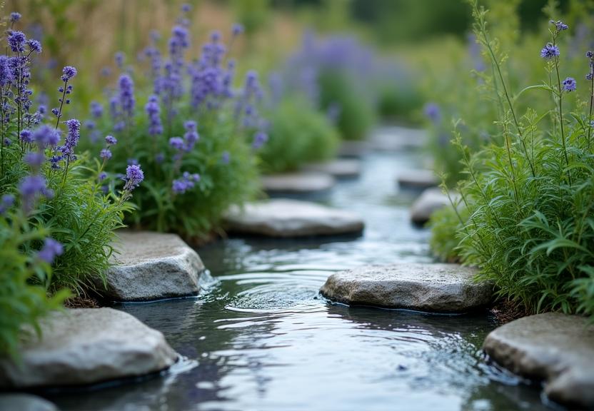 Jardin de pluie moderne intégrant des solutions de drainage durable