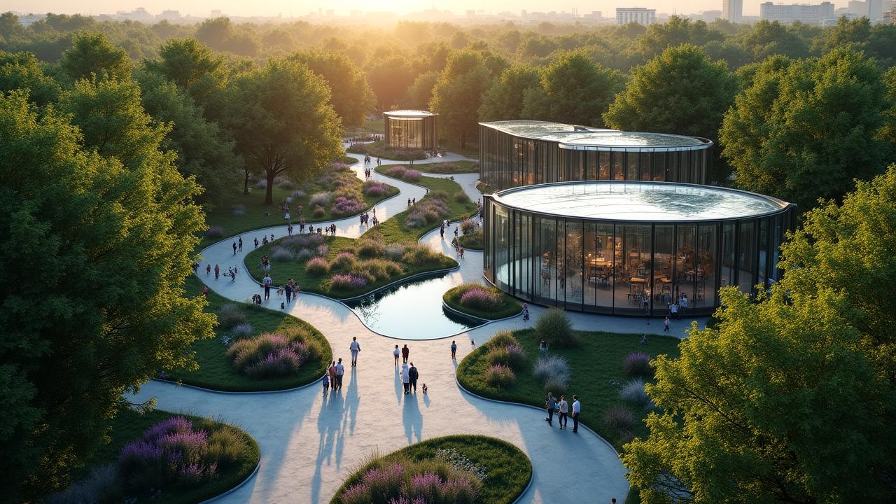 Vue aérienne d'un aménagement paysager durable intégrant forêt urbaine et design moderne