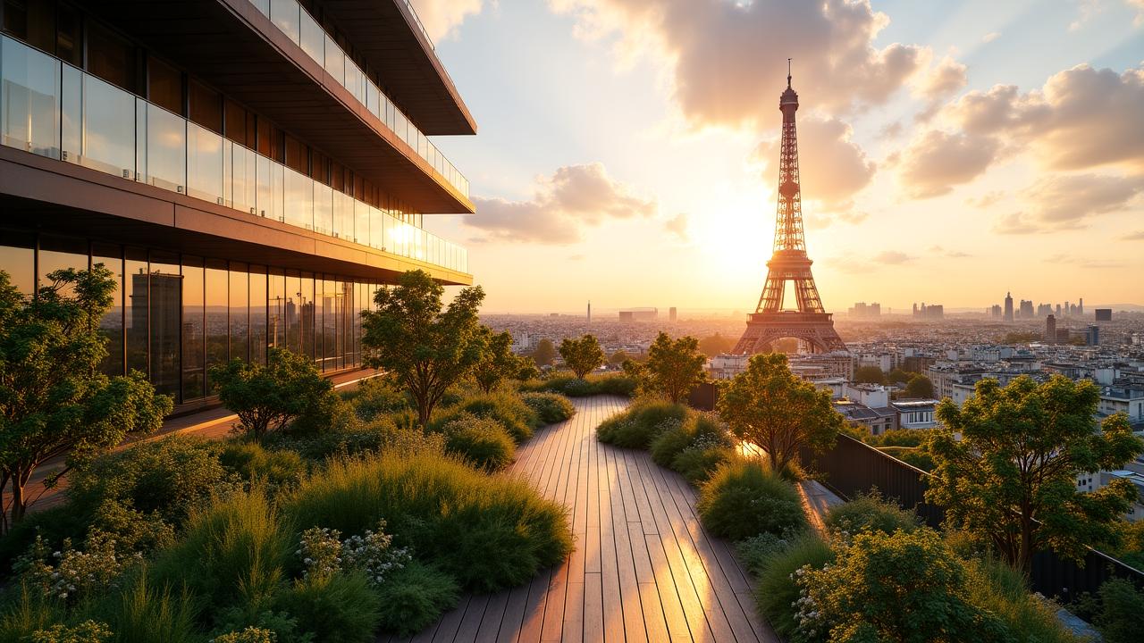 Toiture végétalisée spectaculaire sur un immeuble de bureaux avec vue sur la skyline de Paris
