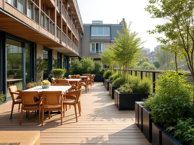Terrasse d'entreprise moderne avec mobilier en bois et arbres en bacs