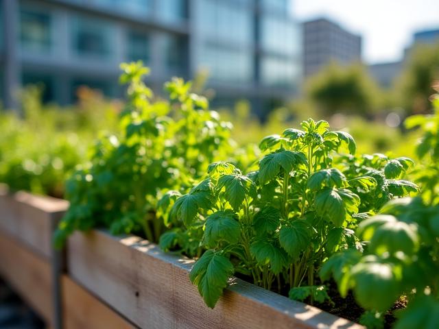 Potager d'entreprise sur un toit avec bacs en bois