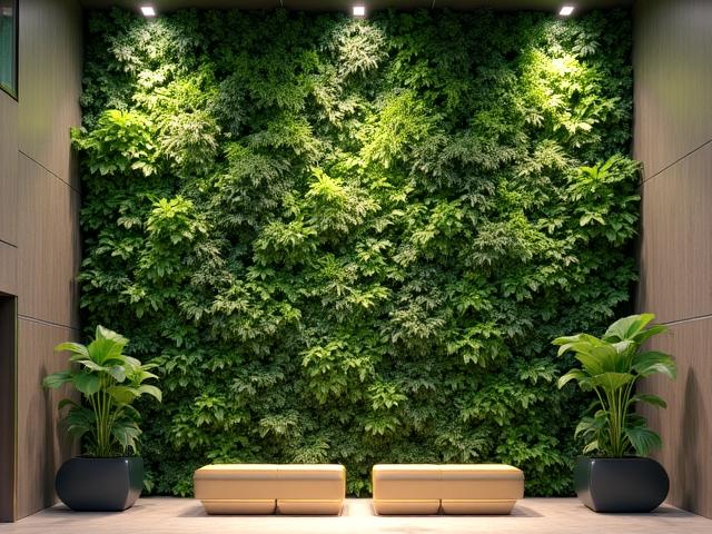 Mur végétal intérieur luxuriant dans un hall de réception tech