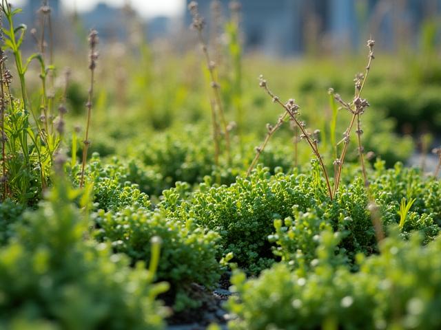Détail d'une toiture végétalisée avec plantes résilientes